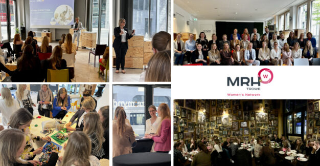 Collage von Bildern eines Events des MRH Trowe Women’s Network: Präsentationen vor Publikum, Gruppenaktivitäten wie Basteln oder Gespräche, Gruppenfoto mit Teilnehmerinnen, sowie ein gemeinsames Abendessen in einem Restaurant. In der Mitte das Logo des Netzwerks.