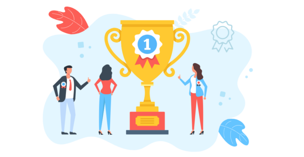 Illustration von drei Personen, die um einen großen goldenen Pokal mit einer "Nummer 1"-Plakette stehen. Die Personen tragen formelle Kleidung und scheinen sich über den Gewinn zu freuen. Im Hintergrund sind dekorative Elemente wie Blätter und Medaillen zu sehen.