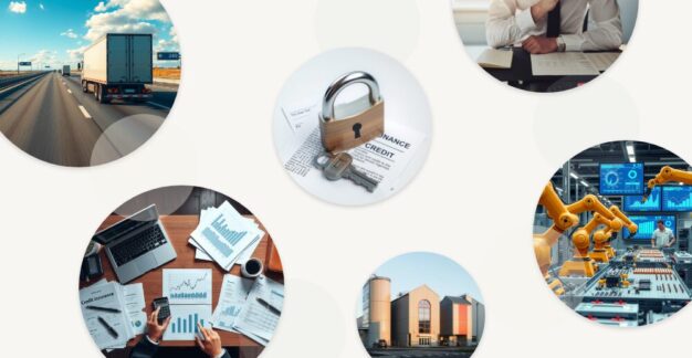 Collage aus sechs Kreisen mit Symbolbildern zu Wirtschaftsthemen: Transportlogistik mit Lkw auf Autobahn, Geschäftsbesprechung, Industrieproduktion mit Robotern, Unternehmensgebäude, Finanzanalysen mit Laptop und Diagrammen, sowie einem Vorhängeschloss auf Finanzunterlagen als Symbol für Absicherung und Kreditversicherung.