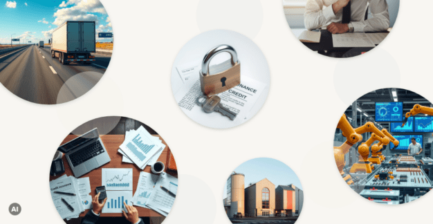 Collage aus sechs Kreisen mit Symbolbildern zu Wirtschaftsthemen: Transportlogistik mit Lkw auf Autobahn, Geschäftsbesprechung, Industrieproduktion mit Robotern, Unternehmensgebäude, Finanzanalysen mit Laptop und Diagrammen, sowie einem Vorhängeschloss auf Finanzunterlagen als Symbol für Absicherung und Kreditversicherung.