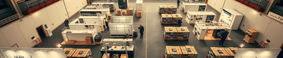 Blick von oben auf eine nahezu leere Messehalle mit aufgebauten Messeständen, Verpackungen und einzelnen Personen im Aufbauprozess.