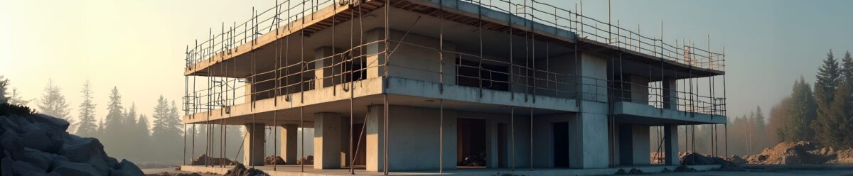 Rohbau eines mehrstöckigen Gebäudes mit Baugerüst auf einer Baustelle im Grünen.