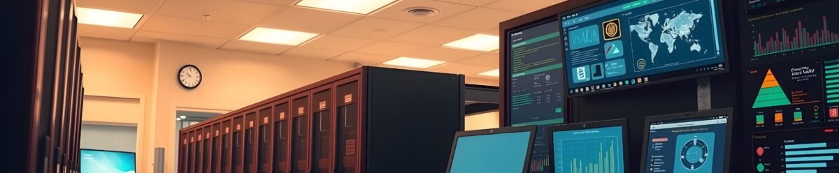 Kontrollraum mit Servern und mehreren Monitoren, die technische Daten anzeigen.
