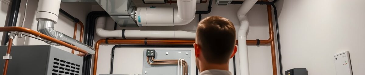 Blick auf eine moderne Haustechnikanlage mit Rohren und einem Mann im Vordergrund.