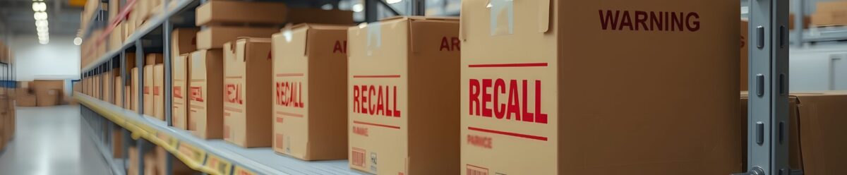 Regal in einem Lager mit markierten Kartons und Aufdruck 