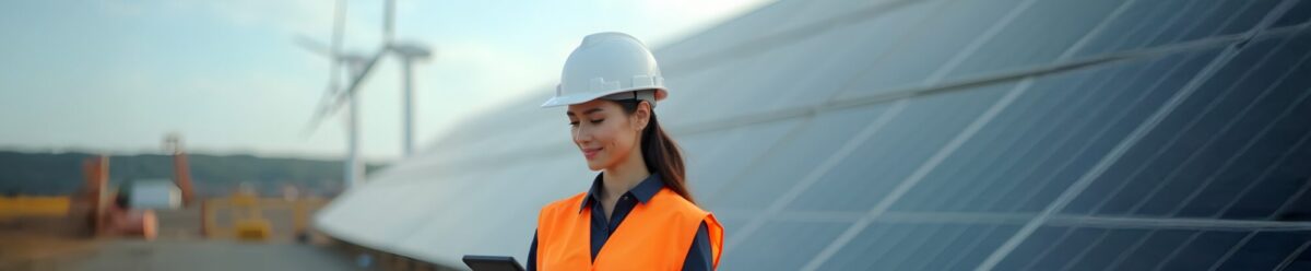 Frau mit Schutzhelm und Tablet vor technischer Anlage im Freien, im Hintergrund Solarpanels, Windrad oder Baustelle – modernes, technisches Arbeitsumfeld