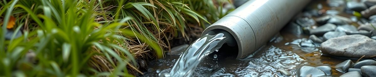 Rohr leitet Wasser oder Flüssigkeit in eine natürliche Umgebung ab, Fokus auf mögliche Umweltbeeinträchtigung durch Betriebe.