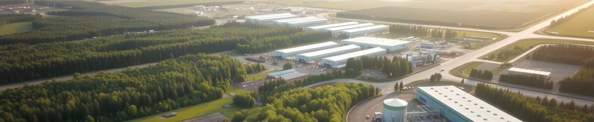 Luftaufnahme eines Industriegebiets mit angrenzender Natur, stellt mögliche Umweltschäden durch Unternehmensaktivitäten dar.