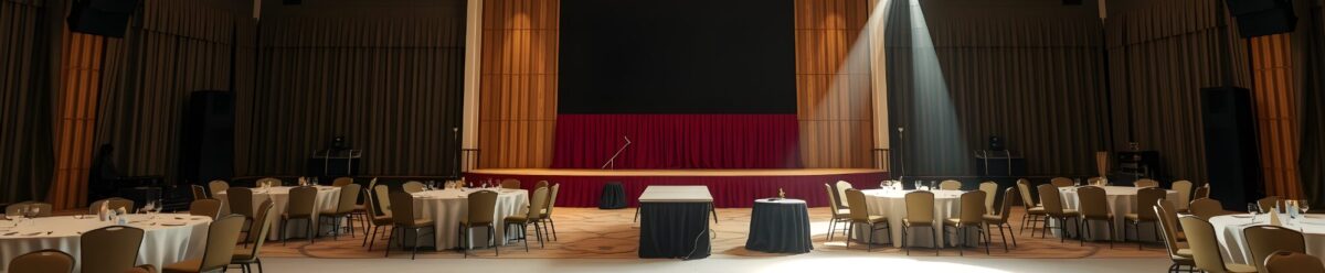 Leerer Veranstaltungssaal mit gedeckten Tischen und Bühne, vorbereitet für ein Event.