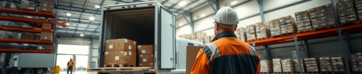 Lagerarbeiter mit Schutzhelm und Warnweste blickt auf einen offenen Lkw, der in einer modernen Lagerhalle mit gestapelten Kartons beladen wird – Symbolbild für Logistik, Warentransport und Verkehrshaftung.