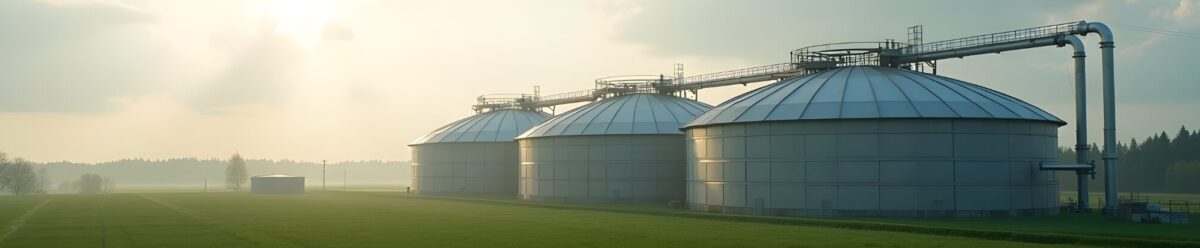 Biogasanlagen mit Silos und Rohrleitungen in ländlicher Umgebung bei Sonnenaufgang.