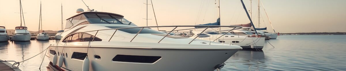 Luxusyacht im Hafen bei Sonnenuntergang, umgeben von weiteren Segel- und Motorbooten.