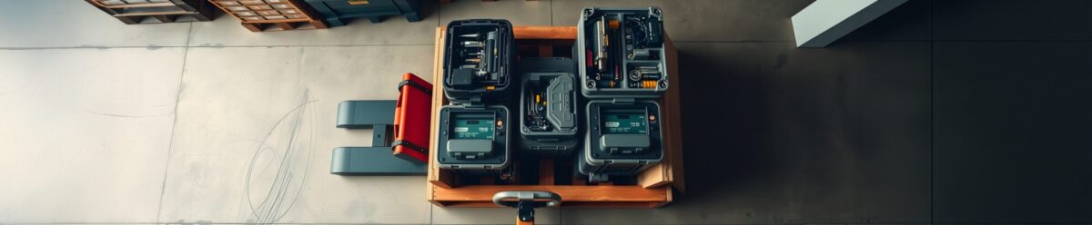 Luftaufnahme eines Holzrollwagens mit gesicherten Werkzeugkoffern und technischen Geräten in einer Halle oder Werkstatt, symbolisch für Werkverkehr und gesicherte Transportgüter.