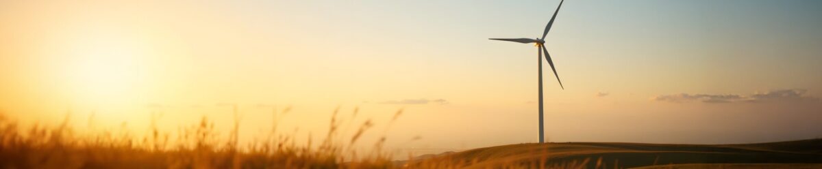 Windrad in weiter Landschaft bei Sonnenuntergang mit hohem Gras im Vordergrund.