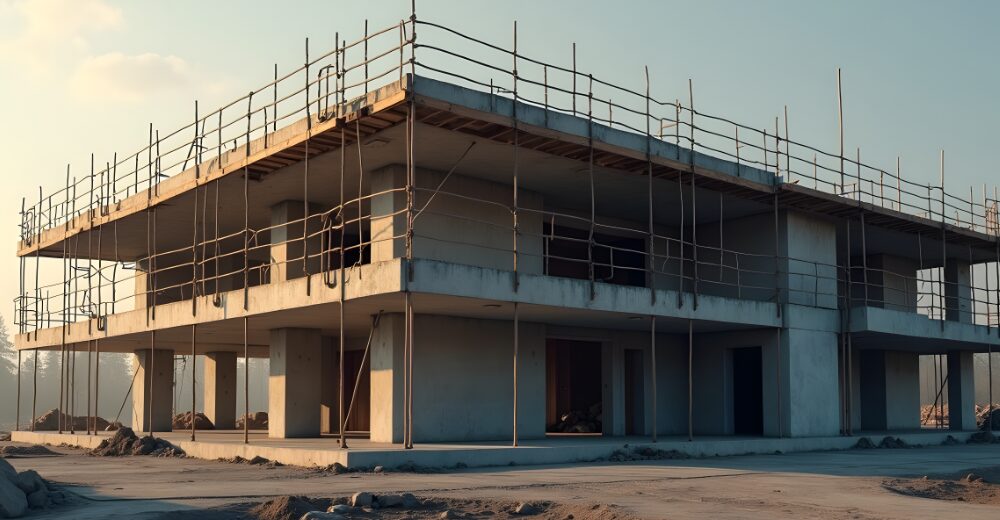 Rohbau eines mehrstöckigen Gebäudes mit Baugerüst auf einer Baustelle im Grünen.