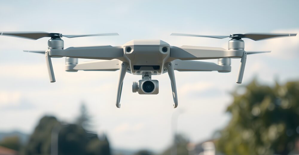 Drohne im Flug bei Tageslicht vor natürlichem Hintergrund, symbolisiert Versicherungsbedarf bei Techniknutzung.