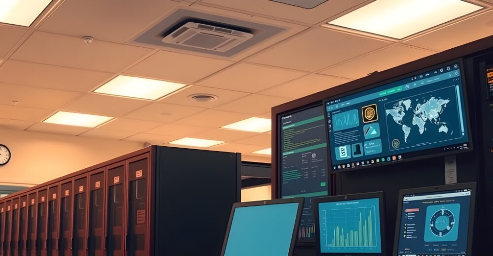 Kontrollraum mit Servern und mehreren Monitoren, die technische Daten anzeigen.
