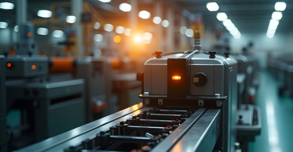 Industriemaschine in moderner Produktionshalle mit weiteren Maschinen im Hintergrund.