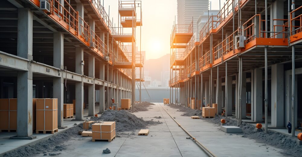 Baustelle eines mehrstöckigen Gebäudes mit Baumaterialien und Kartons im Rohbau.