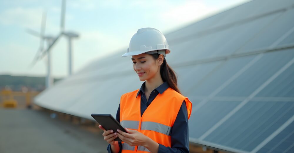 Frau mit Schutzhelm und Tablet vor technischer Anlage im Freien, im Hintergrund Solarpanels, Windrad oder Baustelle – modernes, technisches Arbeitsumfeld