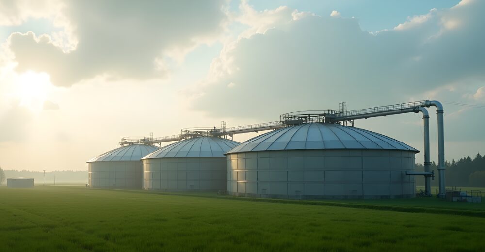 Biogasanlagen mit Silos und Rohrleitungen in ländlicher Umgebung bei Sonnenaufgang.