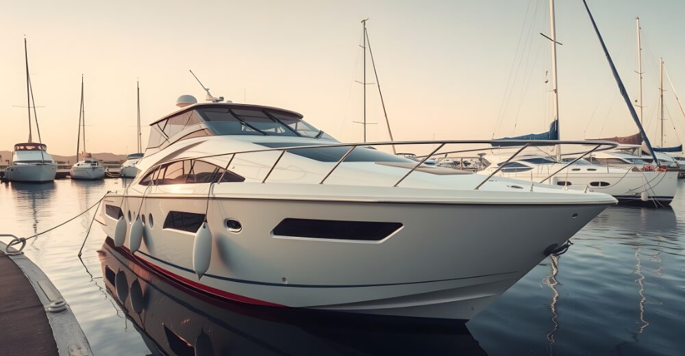 Luxusyacht im Hafen bei Sonnenuntergang, umgeben von weiteren Segel- und Motorbooten.