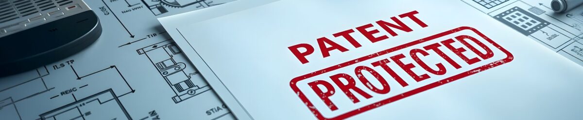 Planzeichnungen mit Dokument 'Patent Protected', symbolisch für Schutz geistigen Eigentums.