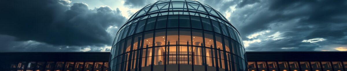 Moderne Unternehmensfassade bei dramatischem Himmel, symbolisch für juristische Risiken im Strafrecht.