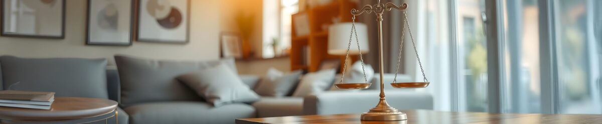 Justitia-Waage auf einem Holztisch in einem gemütlichen, modern eingerichteten Wohnzimmer mit Sofas im Hintergrund.