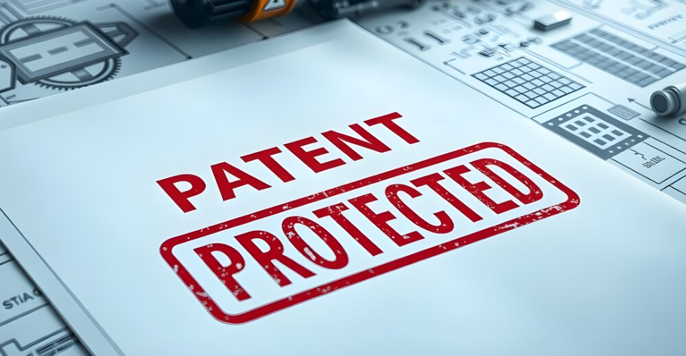 Planzeichnungen mit Dokument 'Patent Protected', symbolisch für Schutz geistigen Eigentums.