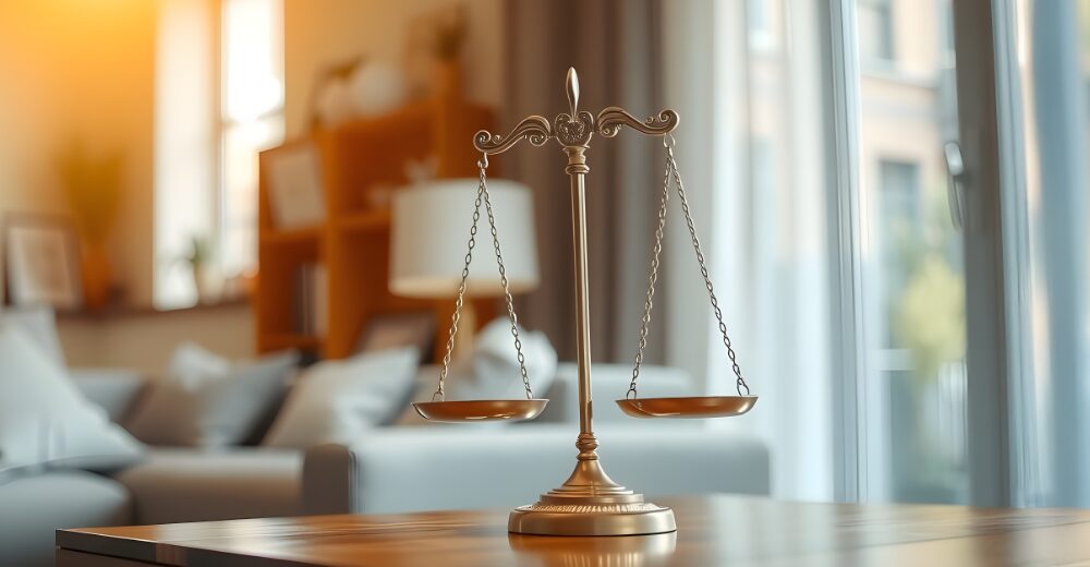 Justitia-Waage auf einem Holztisch in einem gemütlichen, modern eingerichteten Wohnzimmer mit Sofas im Hintergrund.