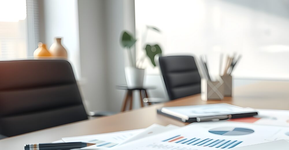 Schreibtisch mit Finanzunterlagen und Charts, vorbereitet für ein Investoren- oder Börsenprospekt.