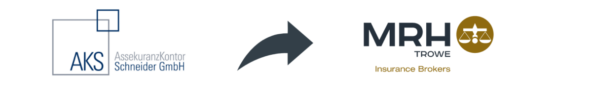 Logo AssekuranzKontor Schneider GmbH mit Pfeil zum Logo von MRH Trowe Insurance Brokers – Darstellung des Zusammenschlusses/Übergangs.