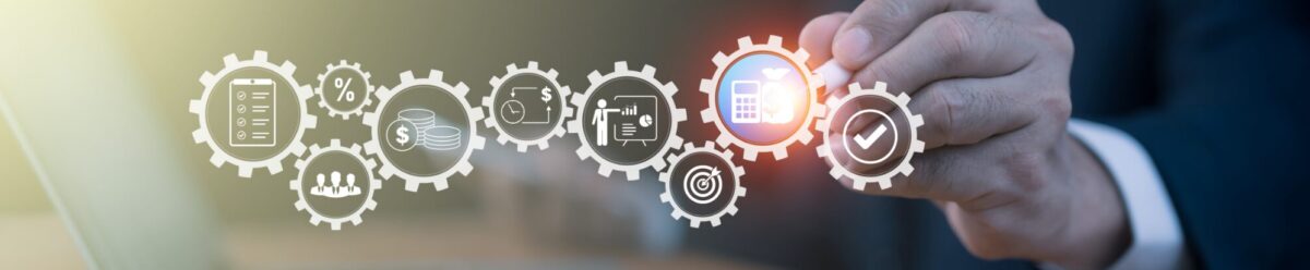 Businessman points at digital gears featuring icons for finance, taxes, budgeting, team, and strategy – representing a holistic management and benefits concept.