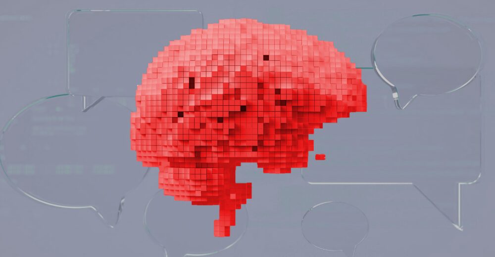 Eine Pixelhafte Darstellung von einem rot eingefärbten Gehirn auf grauem Hintergrund.