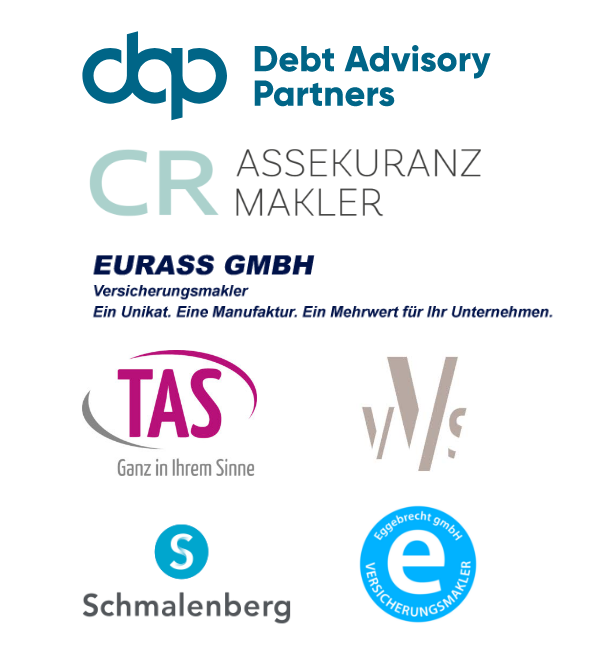 Logo-Collage verschiedener Versicherungsmakler und Partnerunternehmen: Debt Advisory Partners, CR Assekuranzmakler, EURASS GmbH, TAS – Ganz in Ihrem Sinne, VVS, Schmalenberg sowie Esglebrecht GmbH Versicherungsmakler.