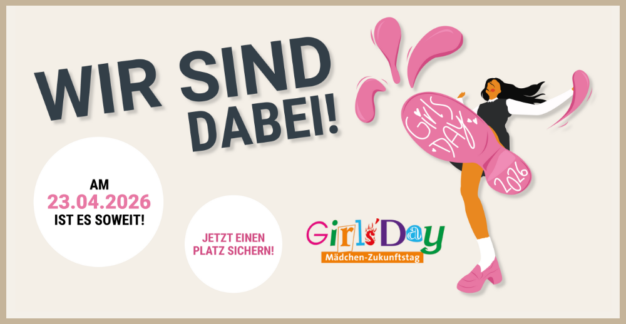 Plakat zum Girls’ Day 2026 mit der Aufschrift „Wir sind dabei“, Datum 23.04.2026 und Illustration einer jungen Frau mit pinkem Fußabdruck