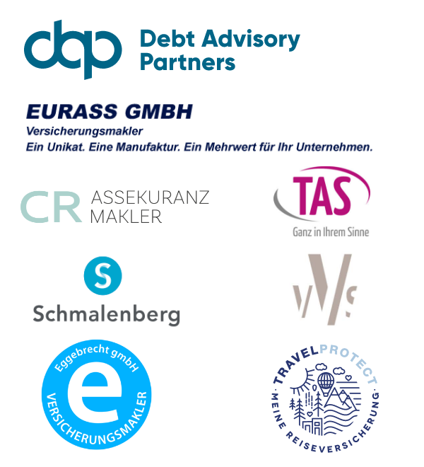 Collage of company logos: Debt Advisory Partners (dap), EURASS GmbH Insurance Broker, CR Insurance Broker, TAS, Schmalenberg, WS, Eggelbrecht GmbH Insurance Broker, and Travel Protect – My Travel Insurance.