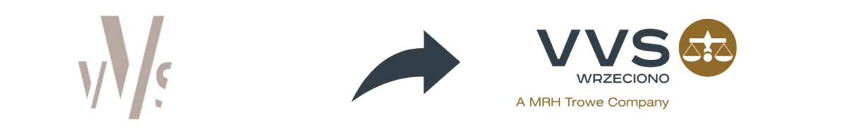 vVS-Logo auf der linken Seite, ein Pfeil zeigt nach rechts auf das neue Logo „VVS WRZECIONO – A MRH Trowe Company“ mit Waage-Symbol.