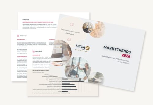 Titelgrafik ‚Markttrends 2026‘ von MRH Trowe mit Collage aus Business- und Versicherungsmotiven sowie dem Claim ‚Trends erkennen. Risiken absichern. Zukunft planen.