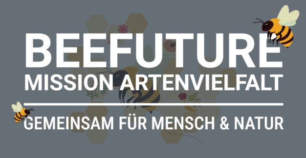 Logo mit der Aufschrift „BEEFUTURE – Mission Artenvielfalt“, ergänzt durch den Slogan „Gemeinsam für Mensch & Natur“ sowie eine stilisierte Biene.