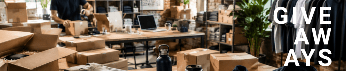 Werbeartikel und Giveaways in einem Lager- und Versandbereich mit Kartons, Verpackungsstation und großem Schriftzug‚ Giveaways.