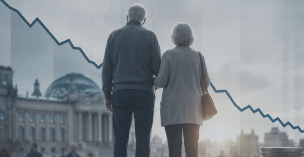 Älteres Paar von hinten vor einer stilisierten Stadtkulisse. Im Hintergrund verläuft eine abwärts gerichtete Diagrammlinie als Symbol für die finanziellen Herausforderungen der Altersvorsorge und der Rentenreform. Die Darstellung vermittelt die gesellschaftlichen Auswirkungen des demografischen Wandels und steigender Belastungen für das Rentensystem.