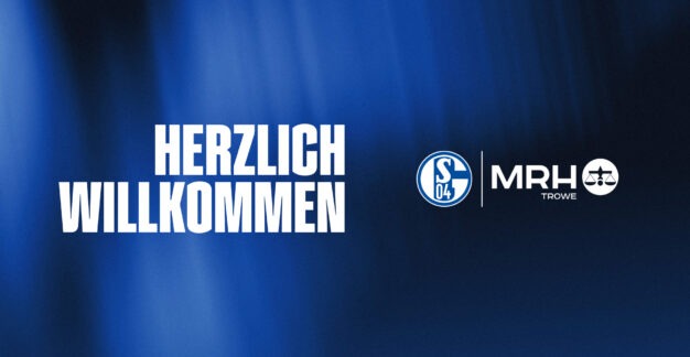„Herzlich Willkommen" – Grafik mit blauem Hintergrund sowie den Logos von Schalke 04 und MRH Trowe
