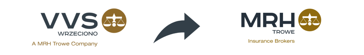 vVS-Logo auf der linken Seite, ein Pfeil zeigt nach rechts auf das neue Logo MRH Trowe Insurance Brokers