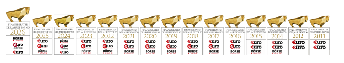 Auszeichnungen als Finanzberater des Jahres von 2011 bis 2026 mit dem Goldenen Bullen von €uro und Börse Online.