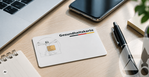 Gesundheitskarte auf einem Schreibtisch mit Laptop, Smartphone und Stift sowie einer stilisierten Waage als Symbol für steigende Gesundheitskosten.