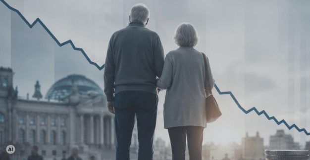 Älteres Paar von hinten vor einer stilisierten Stadtkulisse. Im Hintergrund verläuft eine abwärts gerichtete Diagrammlinie als Symbol für die finanziellen Herausforderungen der Altersvorsorge und der Rentenreform. Die Darstellung vermittelt die gesellschaftlichen Auswirkungen des demografischen Wandels und steigender Belastungen für das Rentensystem.