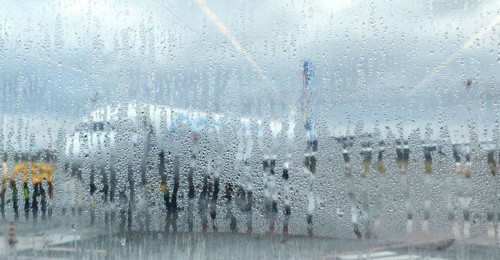 Blick durch eine beschlagene Scheibe auf einen Flughafen, wo Passagiere und Flughafenpersonal im Regen stehen.